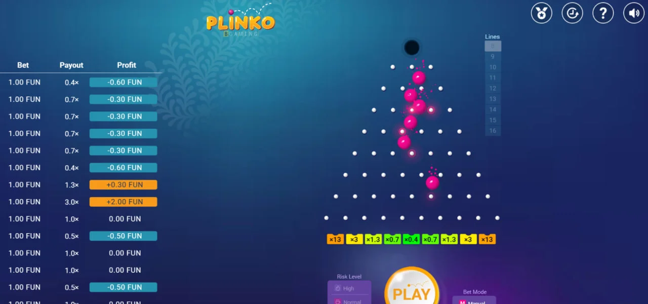 Plinko gameplay screen with falling pink balls